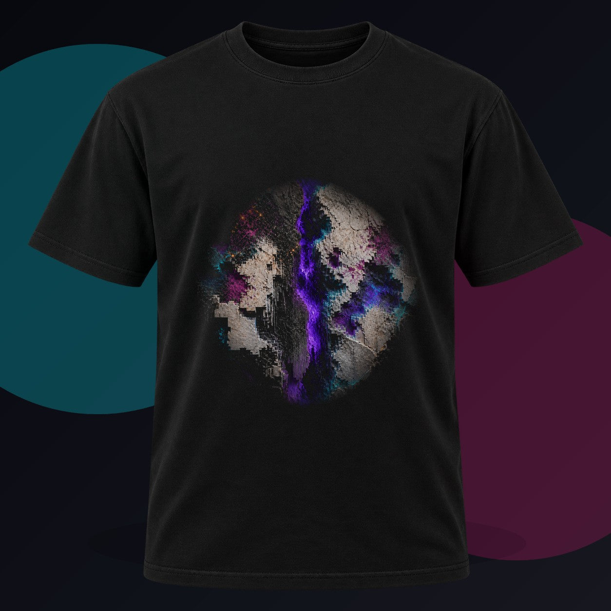 Static Limestone Memory original KOSVYRE design on a black graphic tee against a graphite studio background