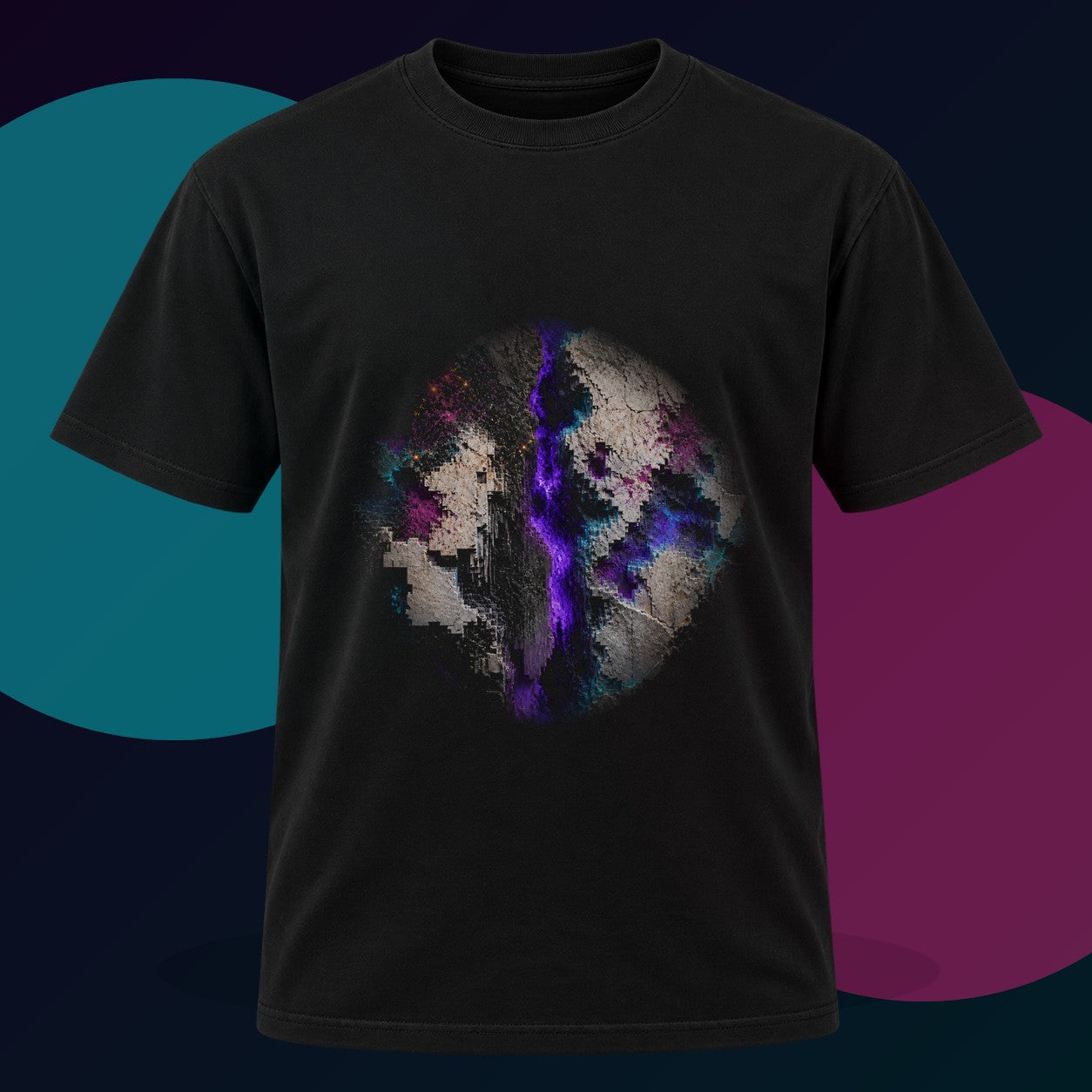 Static Limestone Memory original KOSVYRE design on a black graphic tee with cyan and violet studio lighting
