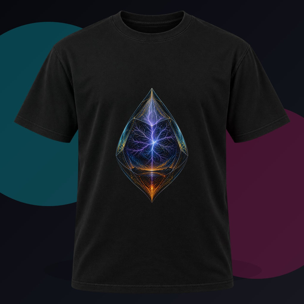 Storm Seed Relay original KOSVYRE design on a black graphic tee against a graphite studio background