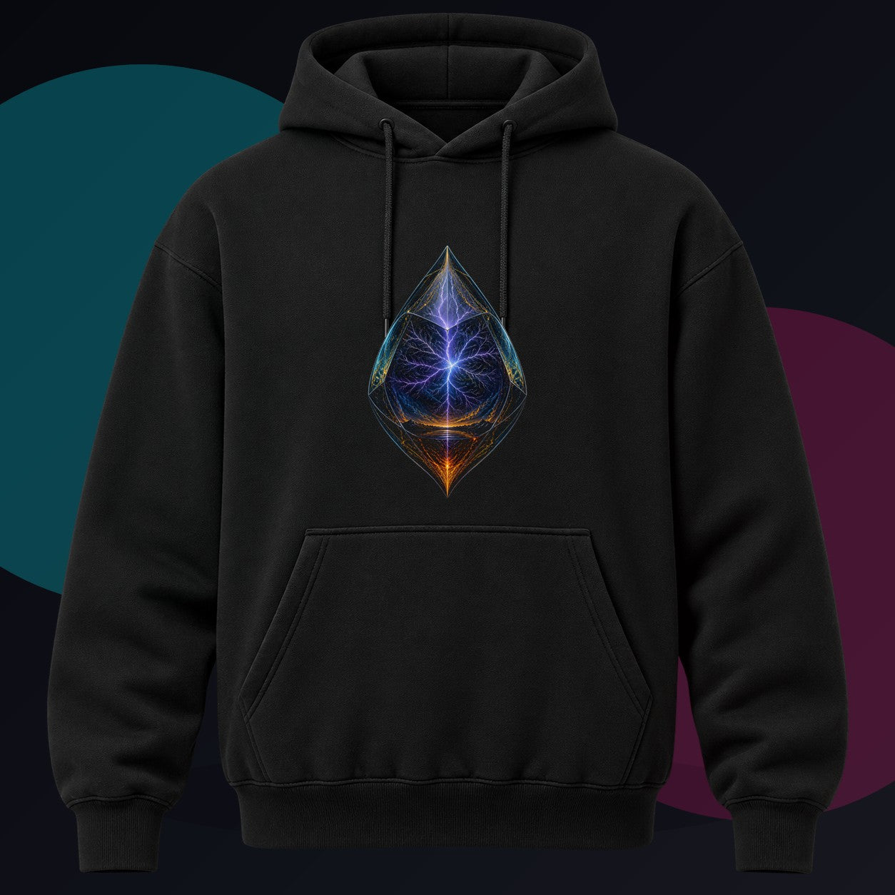 Storm Seed Relay original KOSVYRE design on a black hoodie against a graphite studio background