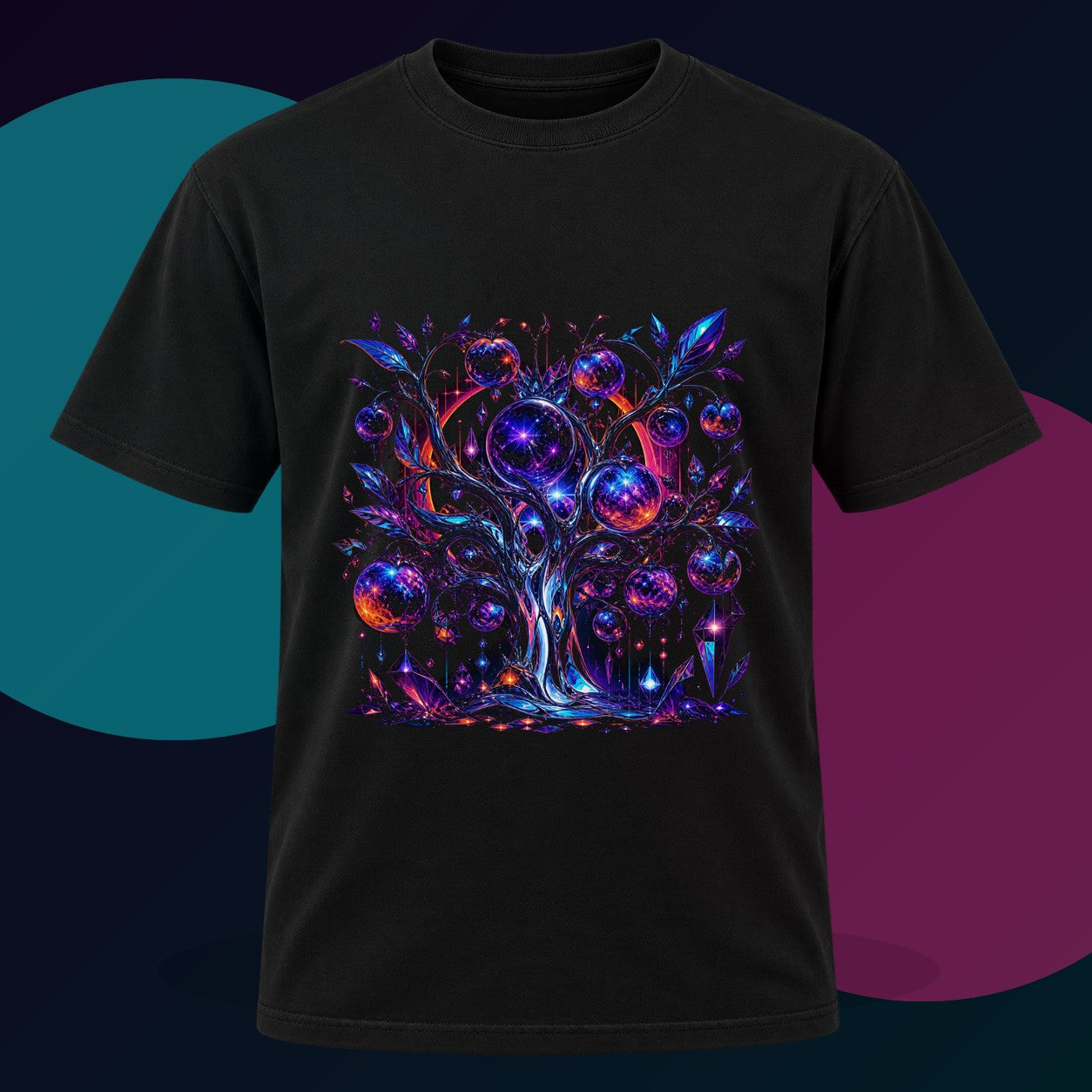 Stroboscopic Orchard original KOSVYRE design on a black graphic tee with cyan and violet studio lighting