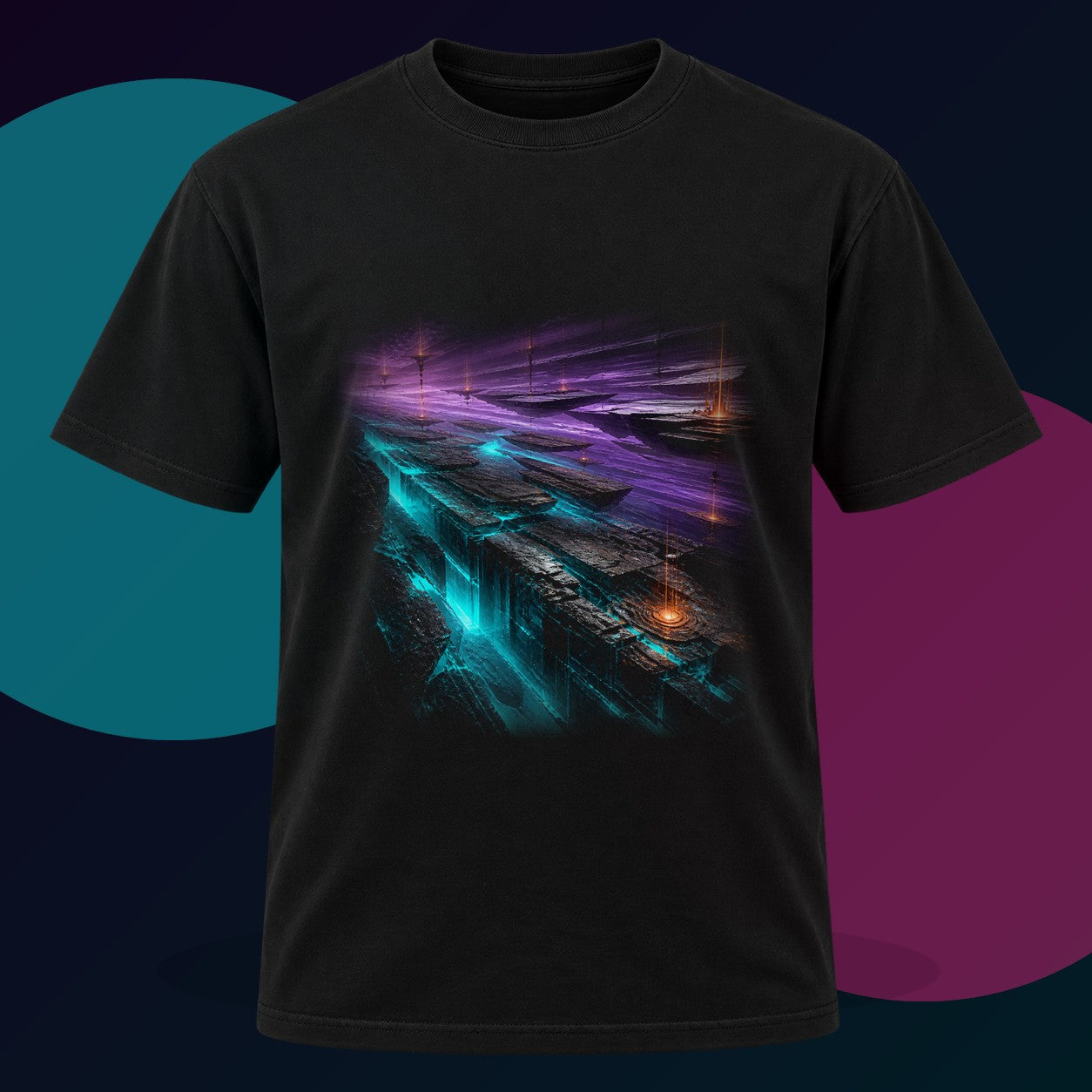 Substrate Meridian original KOSVYRE design on a black graphic tee with cyan and violet studio lighting