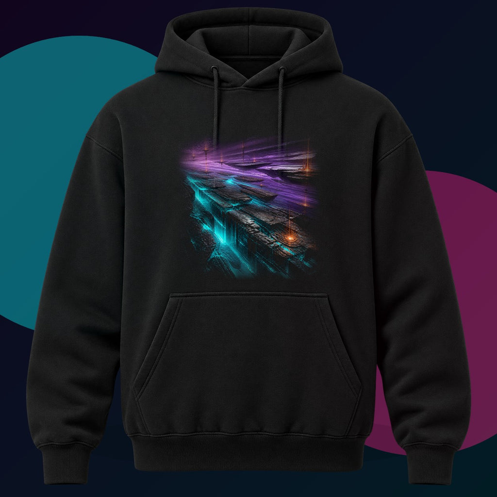 Substrate Meridian original KOSVYRE design on a black hoodie with cyan and violet studio lighting