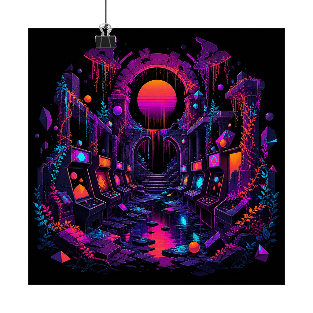 Sunsetless Arcade Ruin original KOSVYRE art print displayed with binder clips