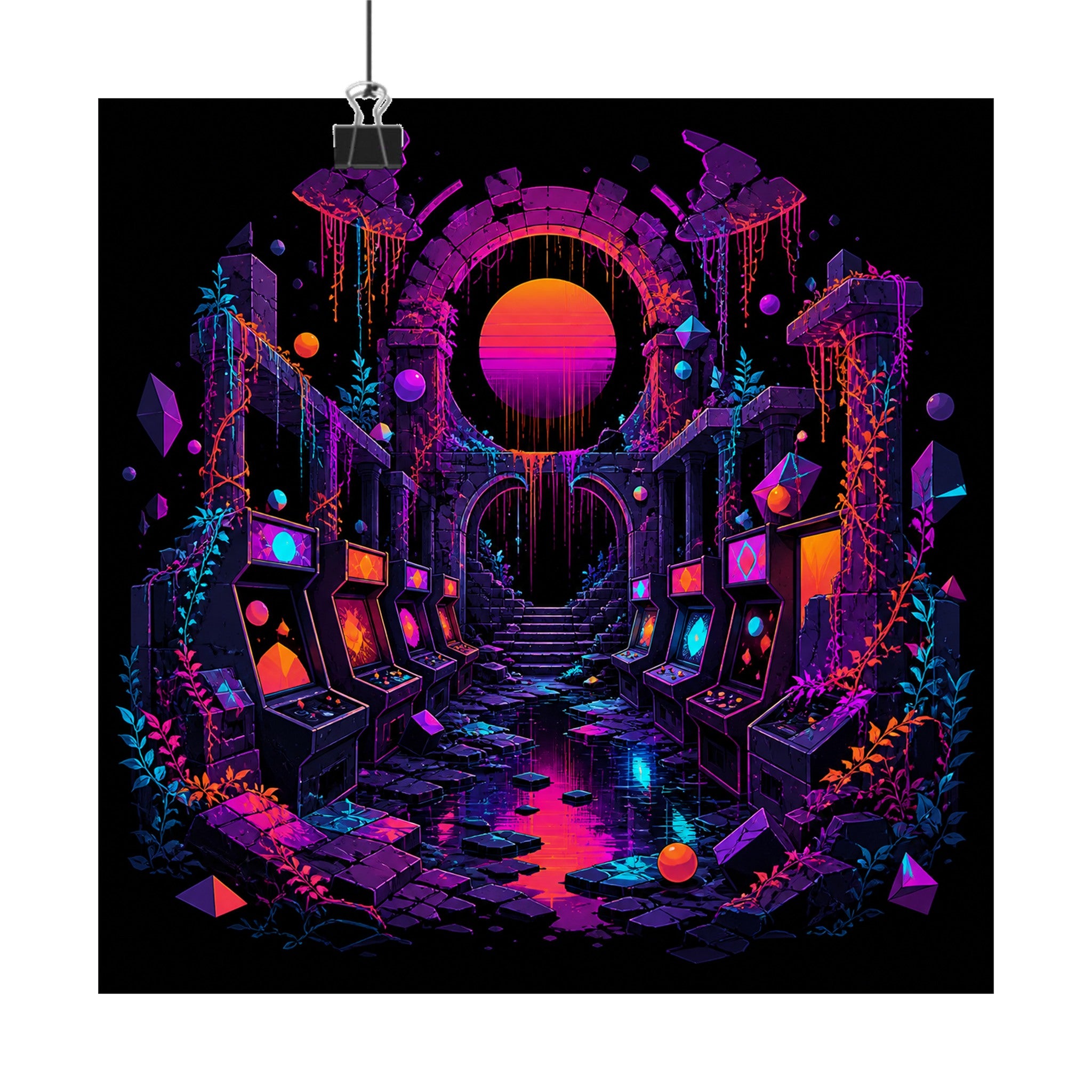 Sunsetless Arcade Ruin original KOSVYRE art print displayed with binder clips