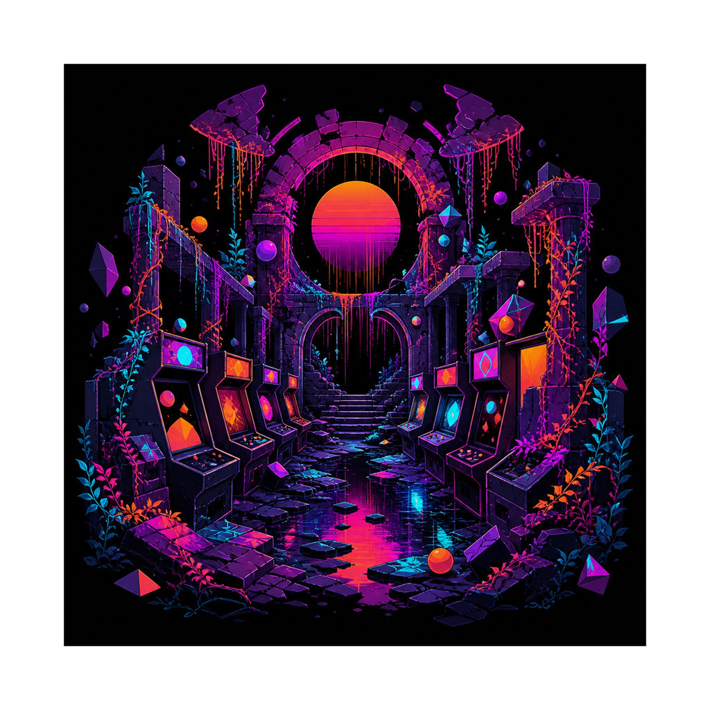 Sunsetless Arcade Ruin original KOSVYRE art print shown on a clean white display