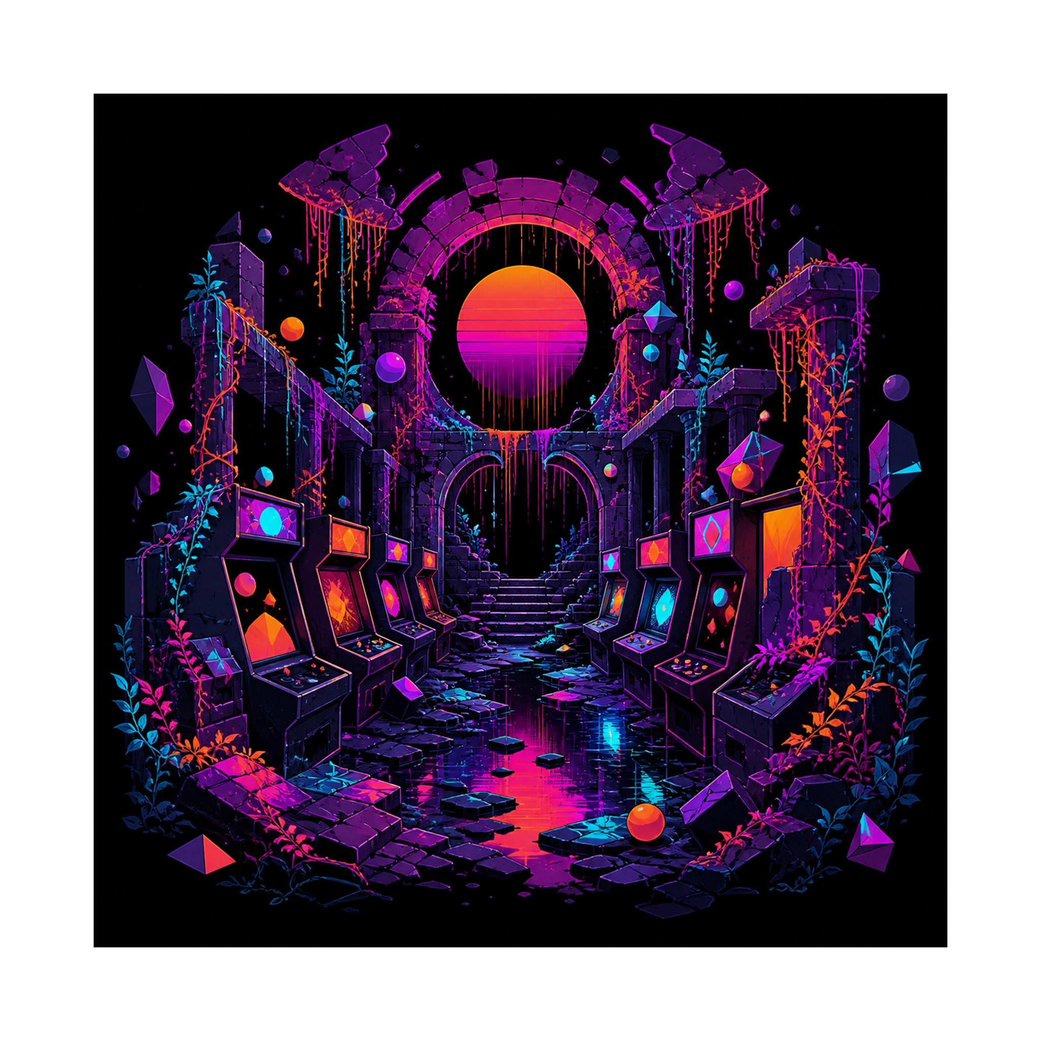 Sunsetless Arcade Ruin original KOSVYRE art print shown on a clean white display