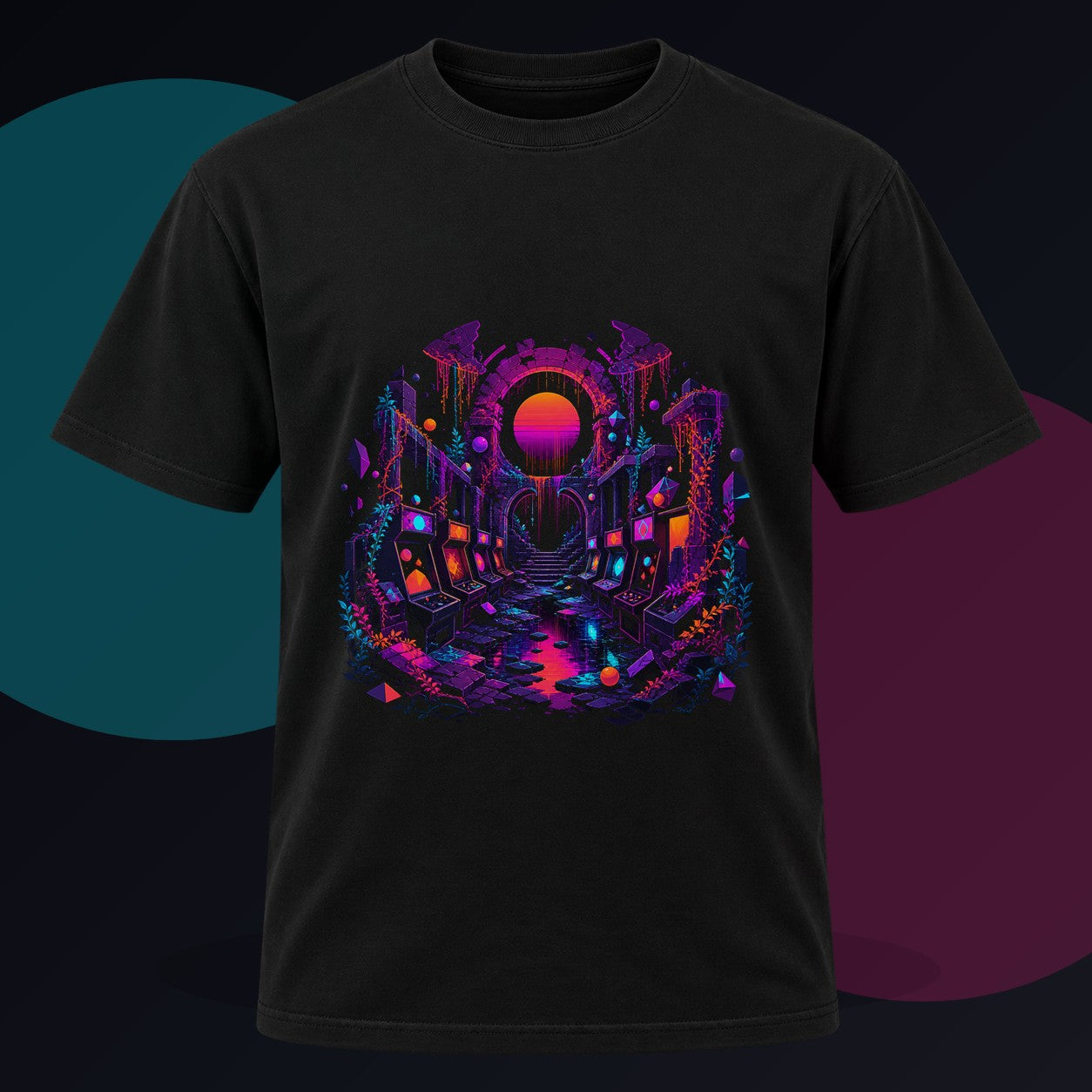 Sunsetless Arcade Ruin original KOSVYRE design on a black graphic tee against a graphite studio background
