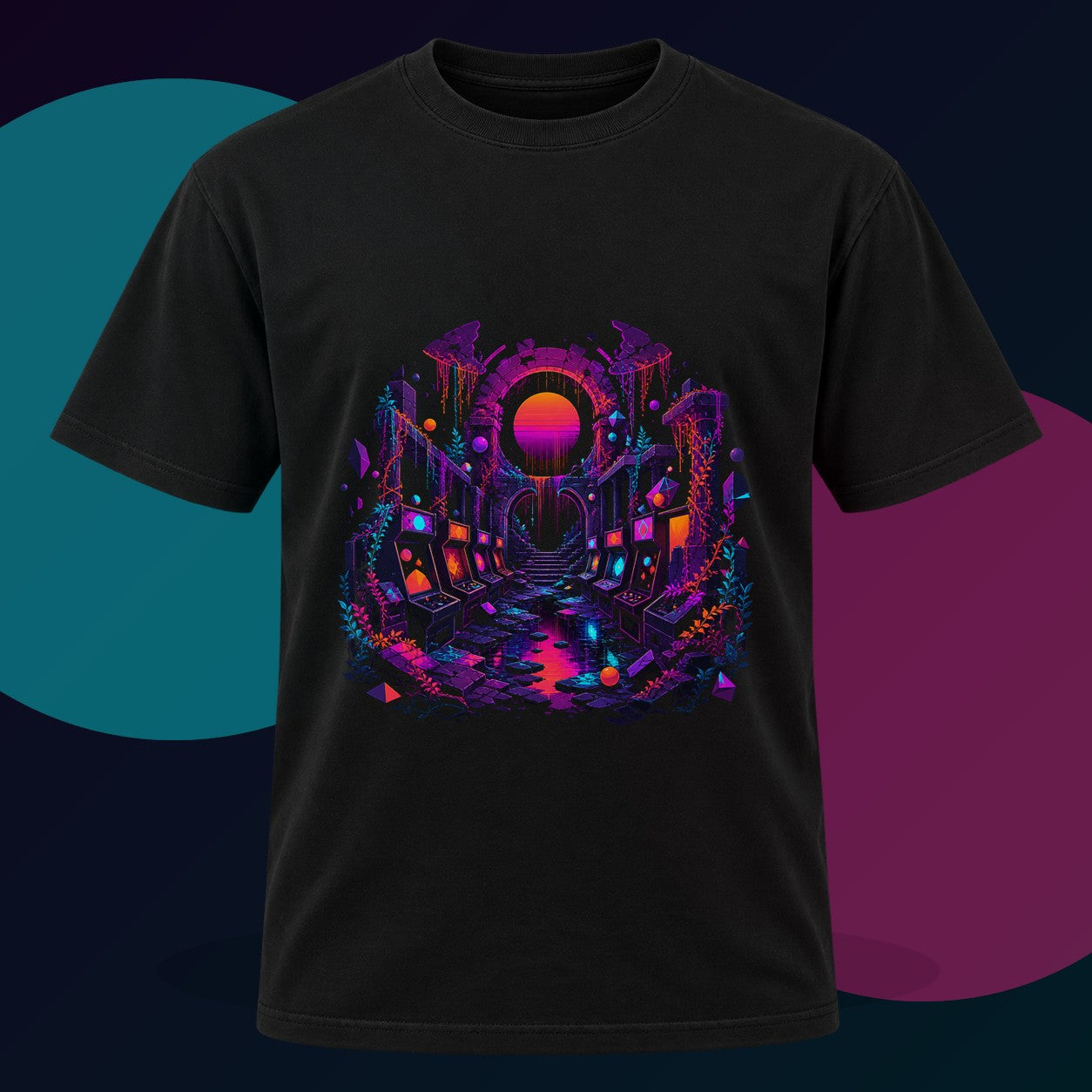 Sunsetless Arcade Ruin original KOSVYRE design on a black graphic tee with cyan and violet studio lighting