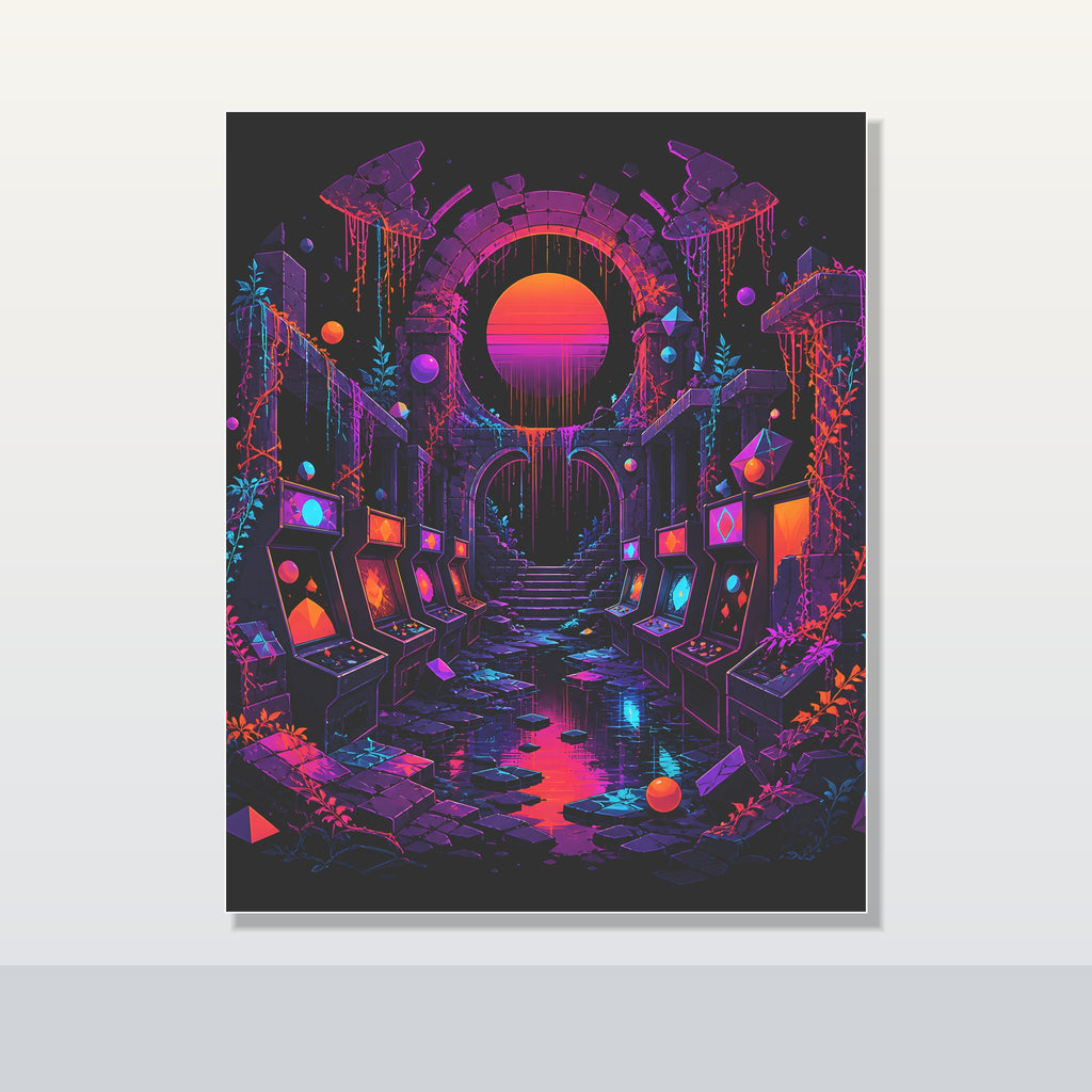 Sunsetless Arcade Ruin original KOSVYRE poster shown on a clean unframed display