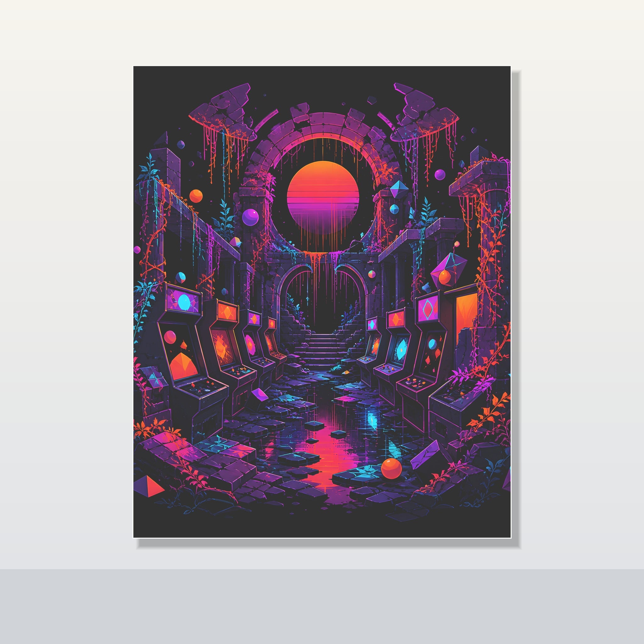 Sunsetless Arcade Ruin original KOSVYRE poster shown on a clean unframed display