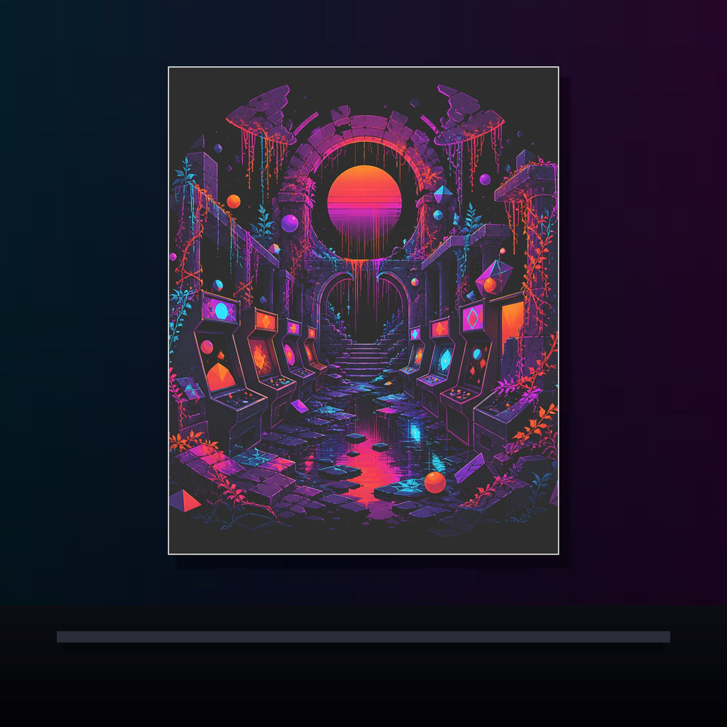 Sunsetless Arcade Ruin original KOSVYRE poster displayed in a dark psychedelic gallery setting