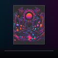 Sunsetless Arcade Ruin original KOSVYRE poster displayed in a dark psychedelic gallery setting