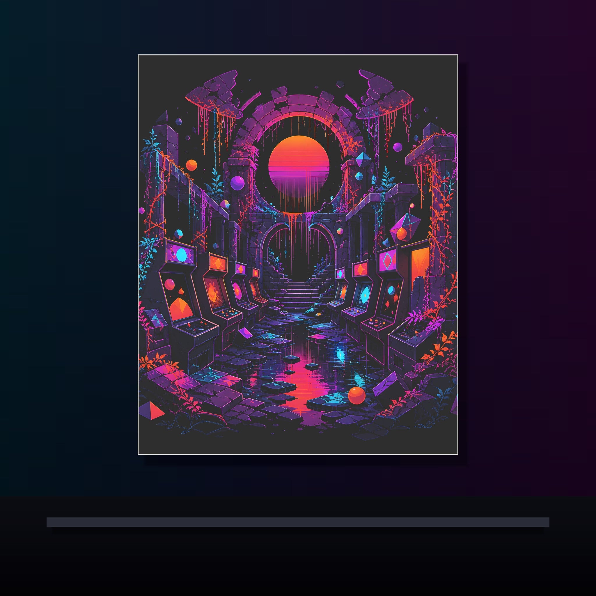 Sunsetless Arcade Ruin original KOSVYRE poster displayed in a dark psychedelic gallery setting