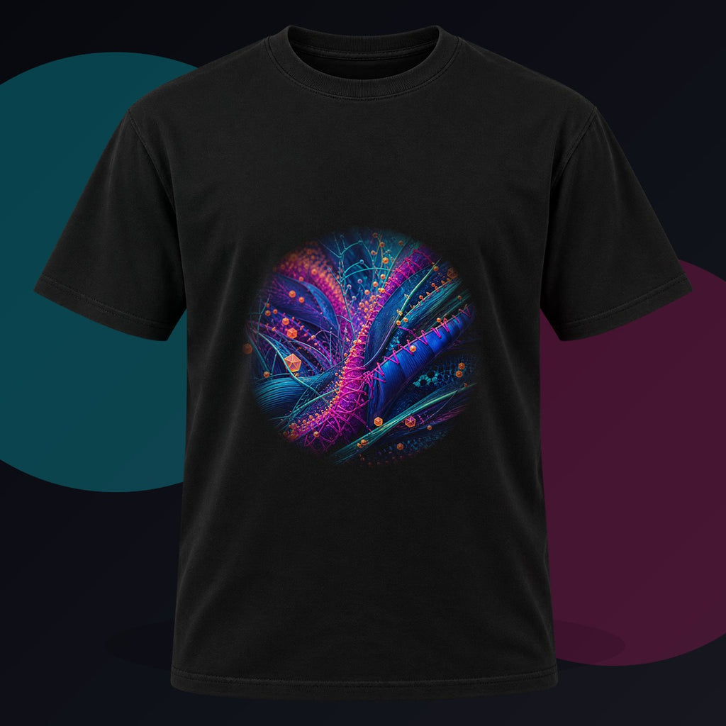 Suture Meadow Protocol original KOSVYRE design on a black graphic tee against a graphite studio background