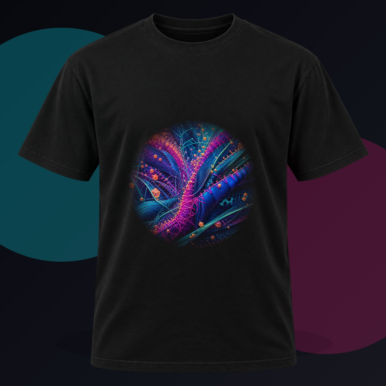 Suture Meadow Protocol original KOSVYRE design on a black graphic tee against a graphite studio background