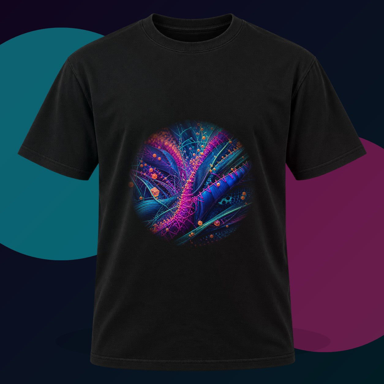 Suture Meadow Protocol original KOSVYRE design on a black graphic tee with cyan and violet studio lighting