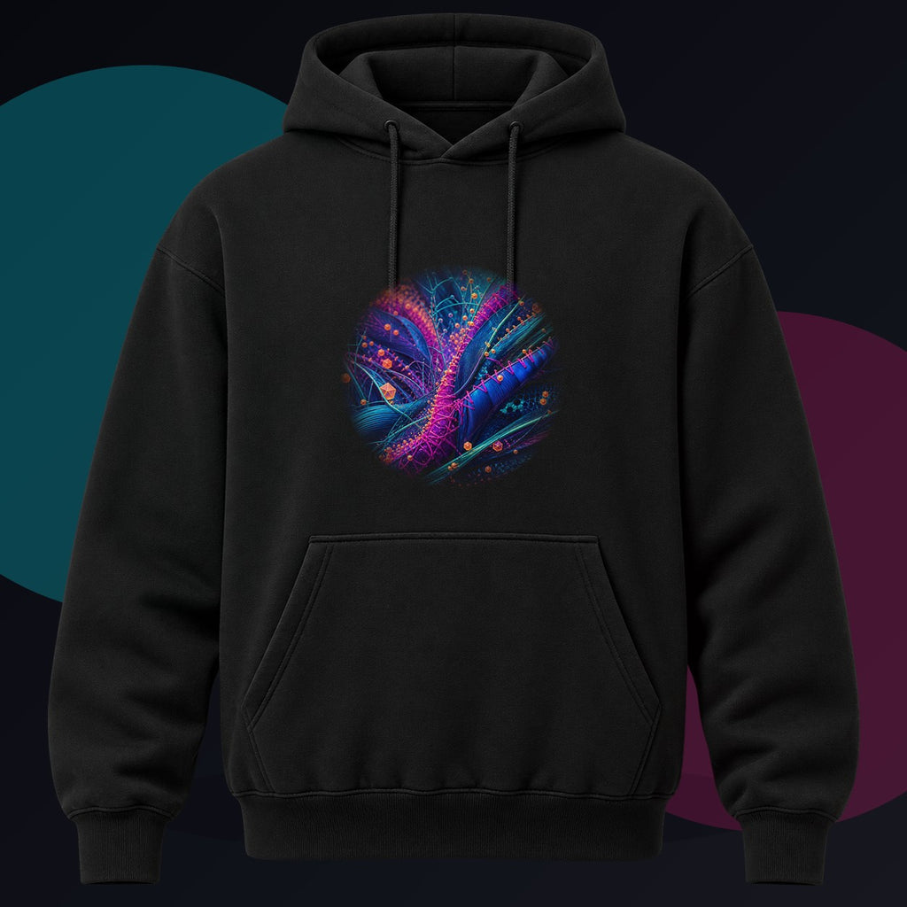 Suture Meadow Protocol original KOSVYRE design on a black hoodie against a graphite studio background