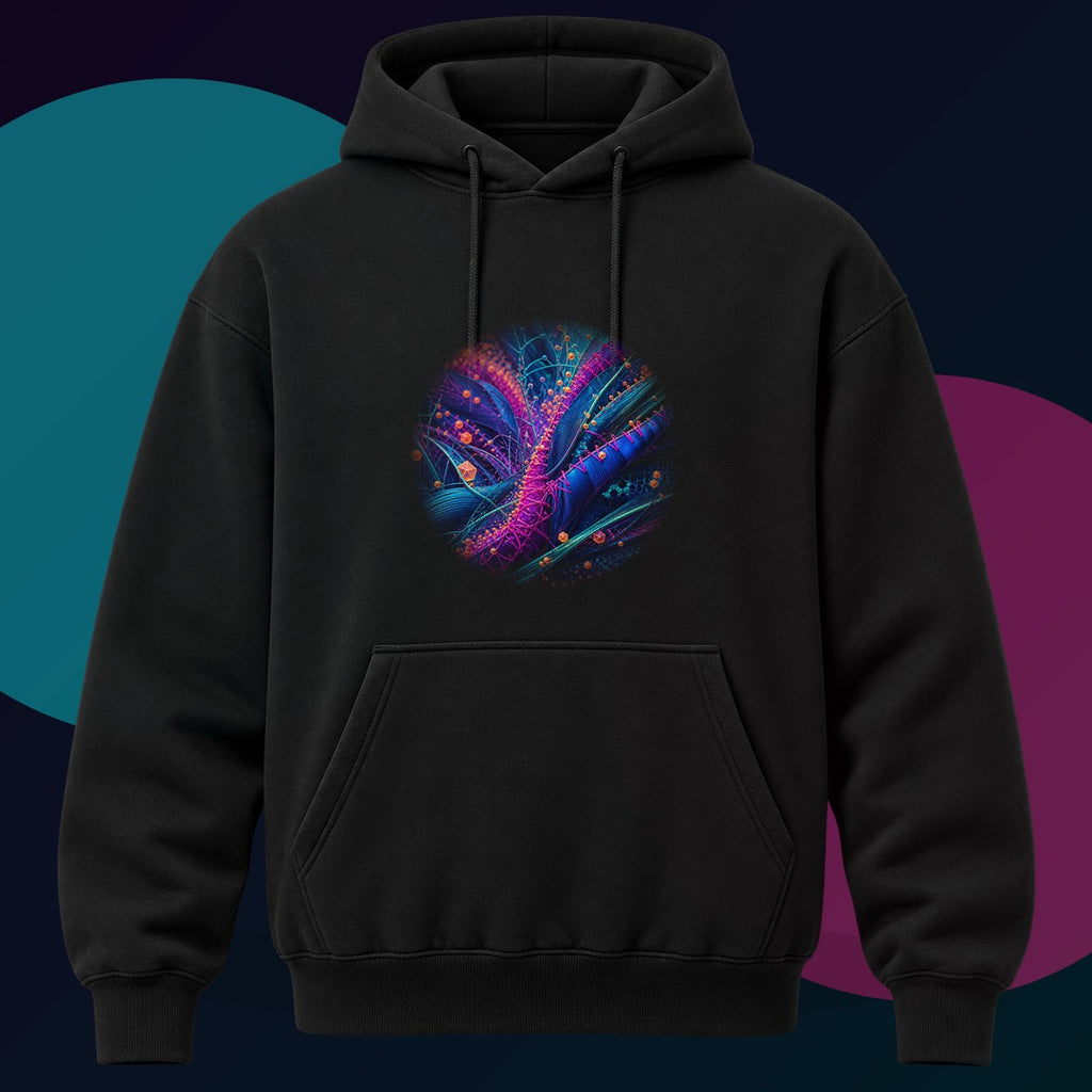 Suture Meadow Protocol original KOSVYRE design on a black hoodie with cyan and violet studio lighting