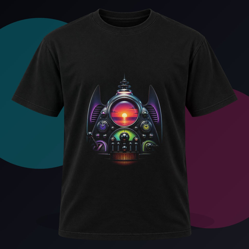 Synthetic Sunset Machine original KOSVYRE design on a black graphic tee against a graphite studio background
