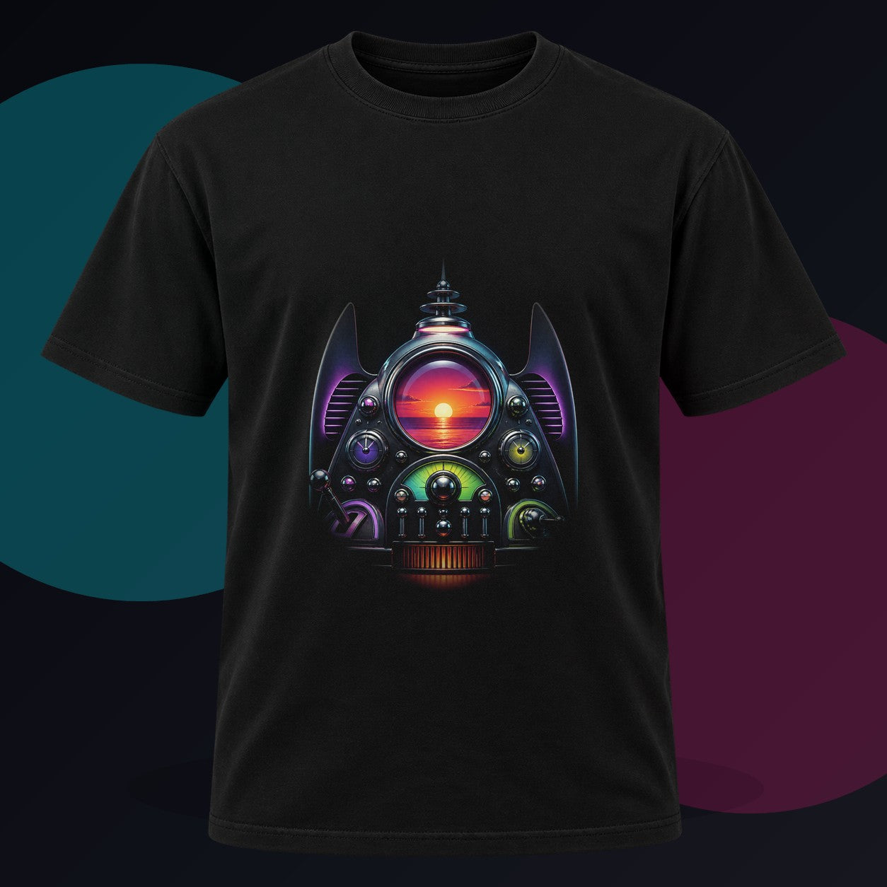 Synthetic Sunset Machine original KOSVYRE design on a black graphic tee against a graphite studio background
