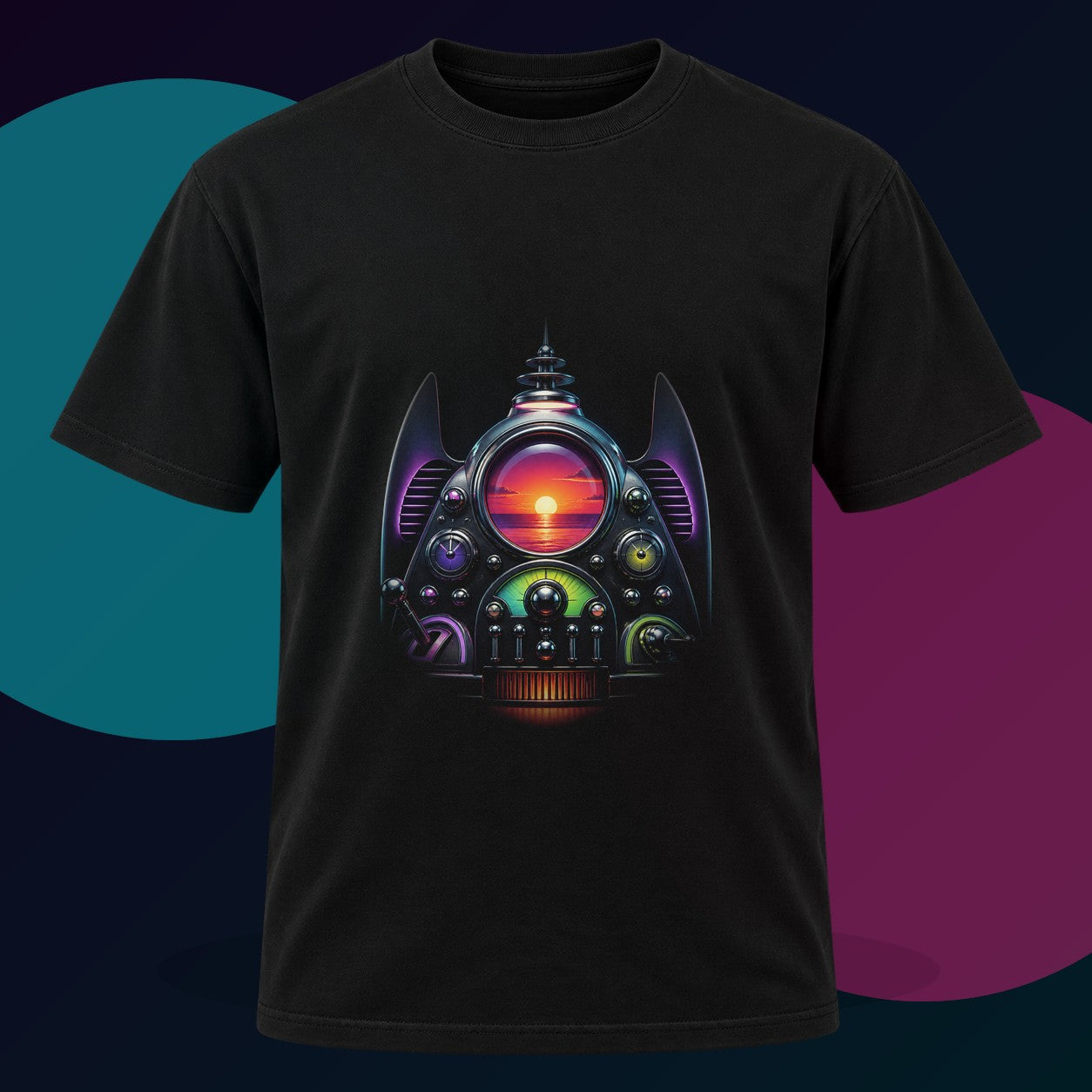 Synthetic Sunset Machine original KOSVYRE design on a black graphic tee with cyan and violet studio lighting