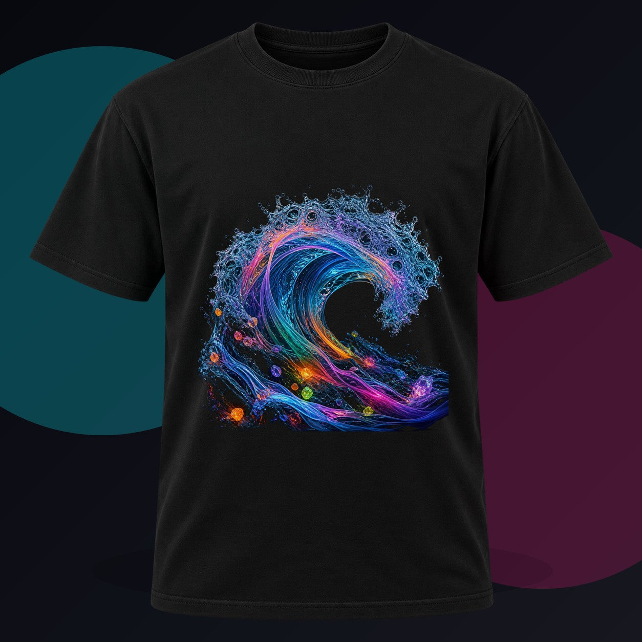 Synthetic Tide original KOSVYRE design on a black graphic tee against a graphite studio background