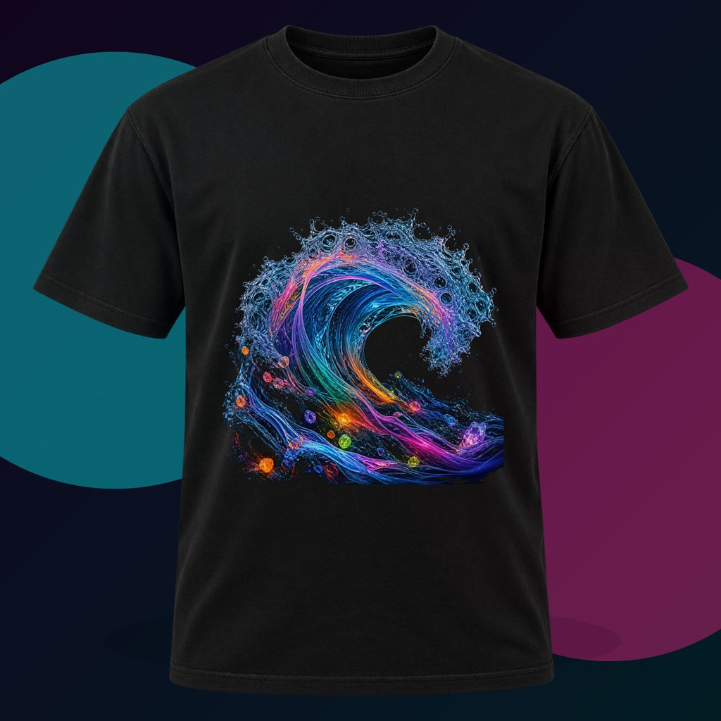 Synthetic Tide original KOSVYRE design on a black graphic tee with cyan and violet studio lighting