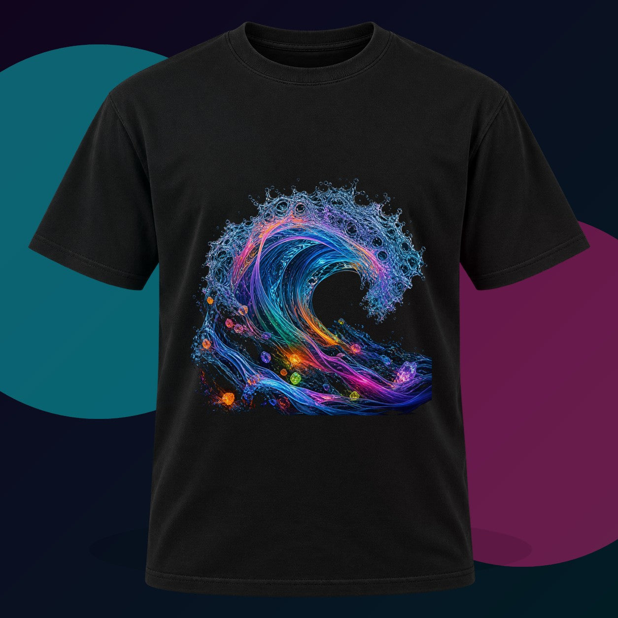 Synthetic Tide original KOSVYRE design on a black graphic tee with cyan and violet studio lighting