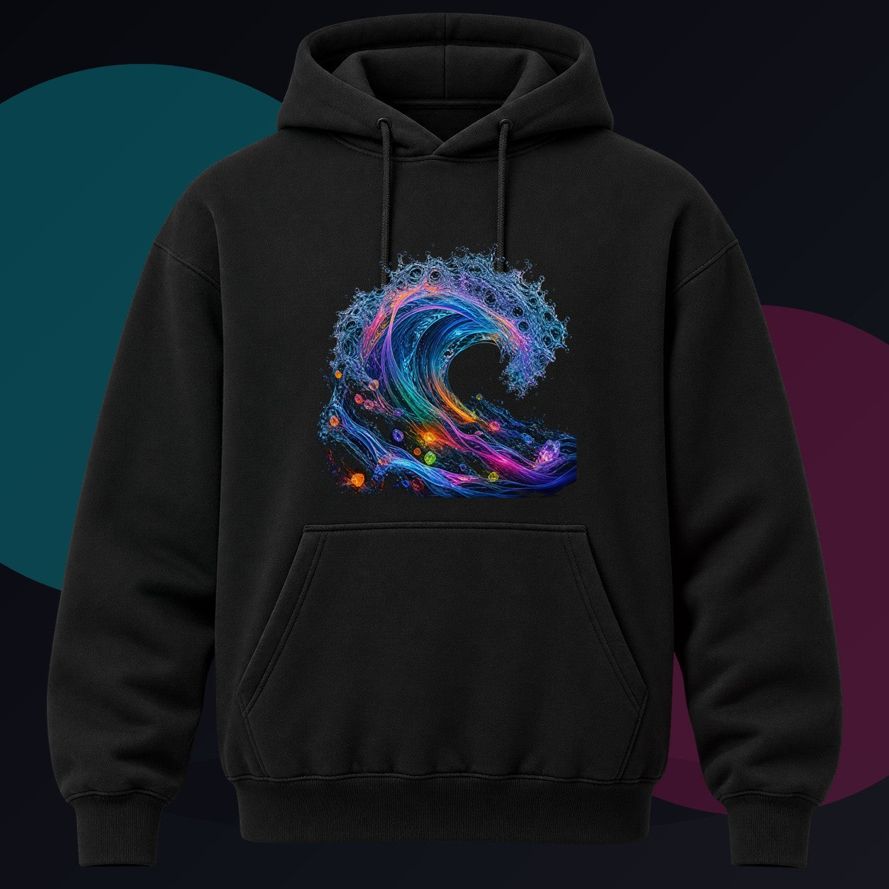 Synthetic Tide original KOSVYRE design on a black hoodie against a graphite studio background
