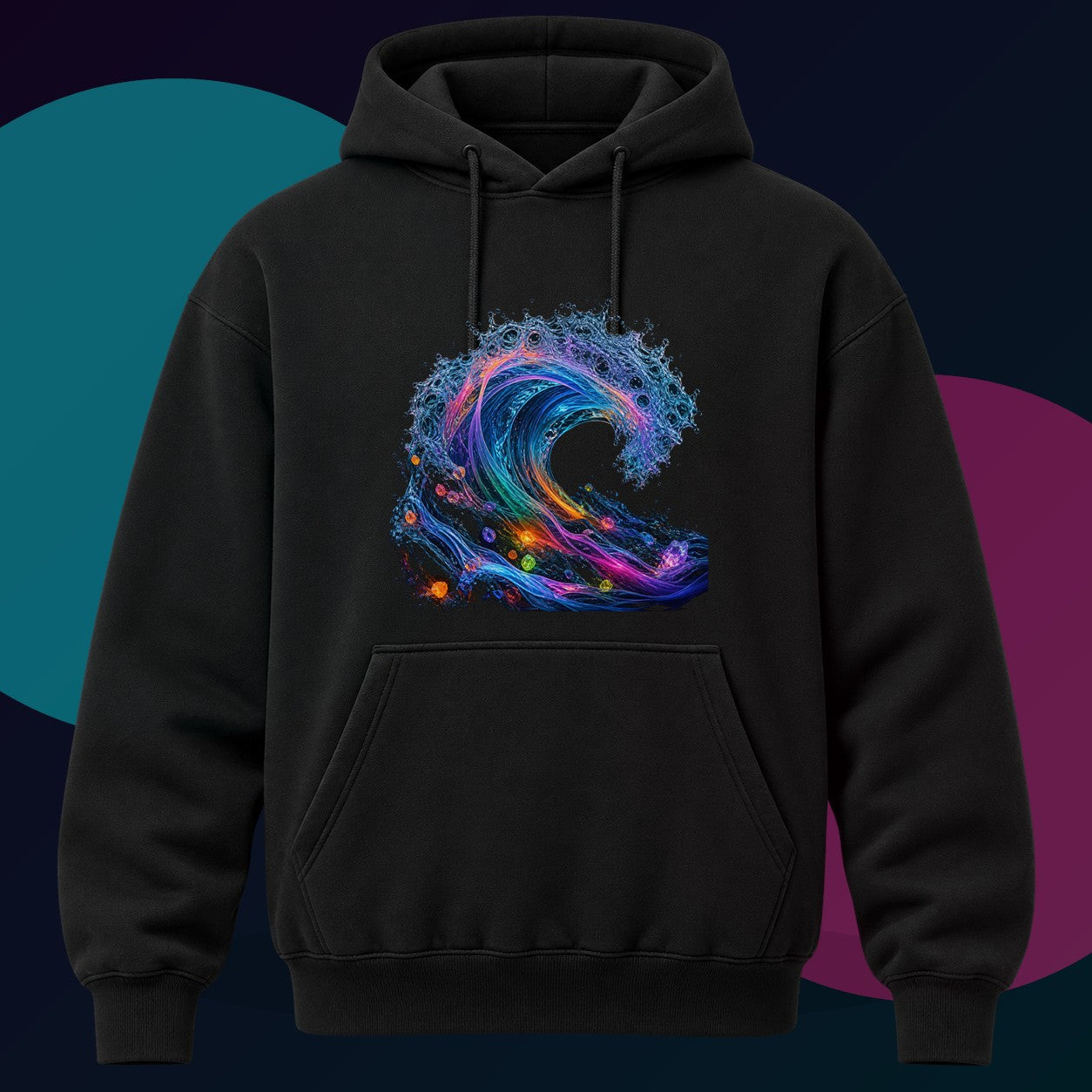 Synthetic Tide original KOSVYRE design on a black hoodie with cyan and violet studio lighting