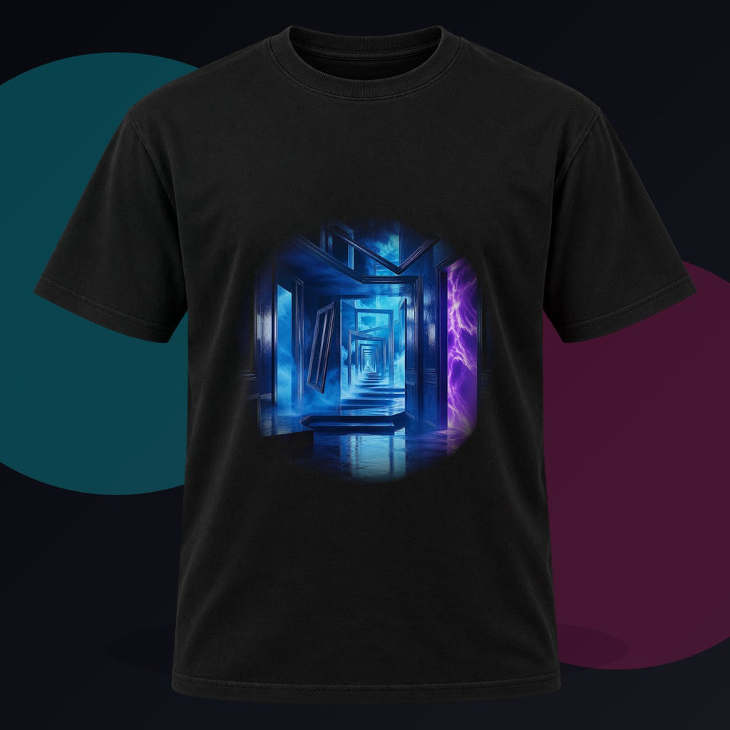 The Last Blue Corridor original KOSVYRE design on a black graphic tee against a graphite studio background