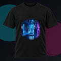 The Last Blue Corridor original KOSVYRE design on a black graphic tee against a graphite studio background
