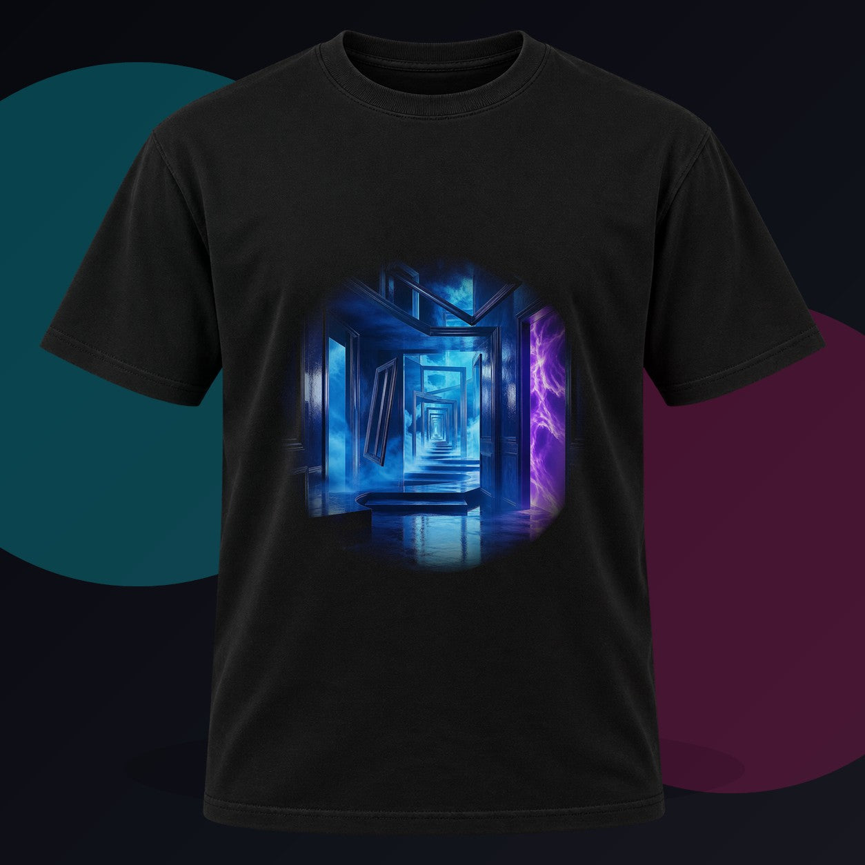 The Last Blue Corridor original KOSVYRE design on a black graphic tee against a graphite studio background