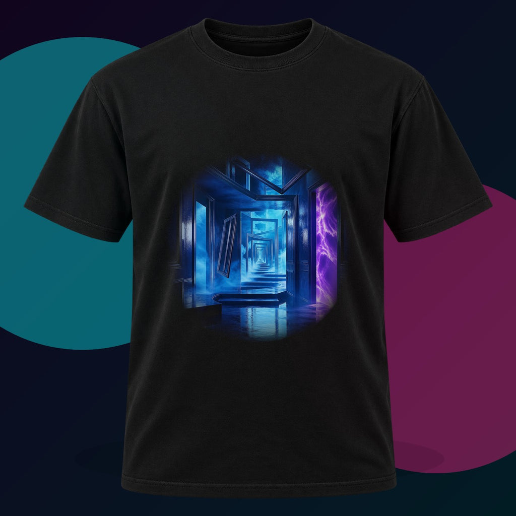 The Last Blue Corridor original KOSVYRE design on a black graphic tee with cyan and violet studio lighting