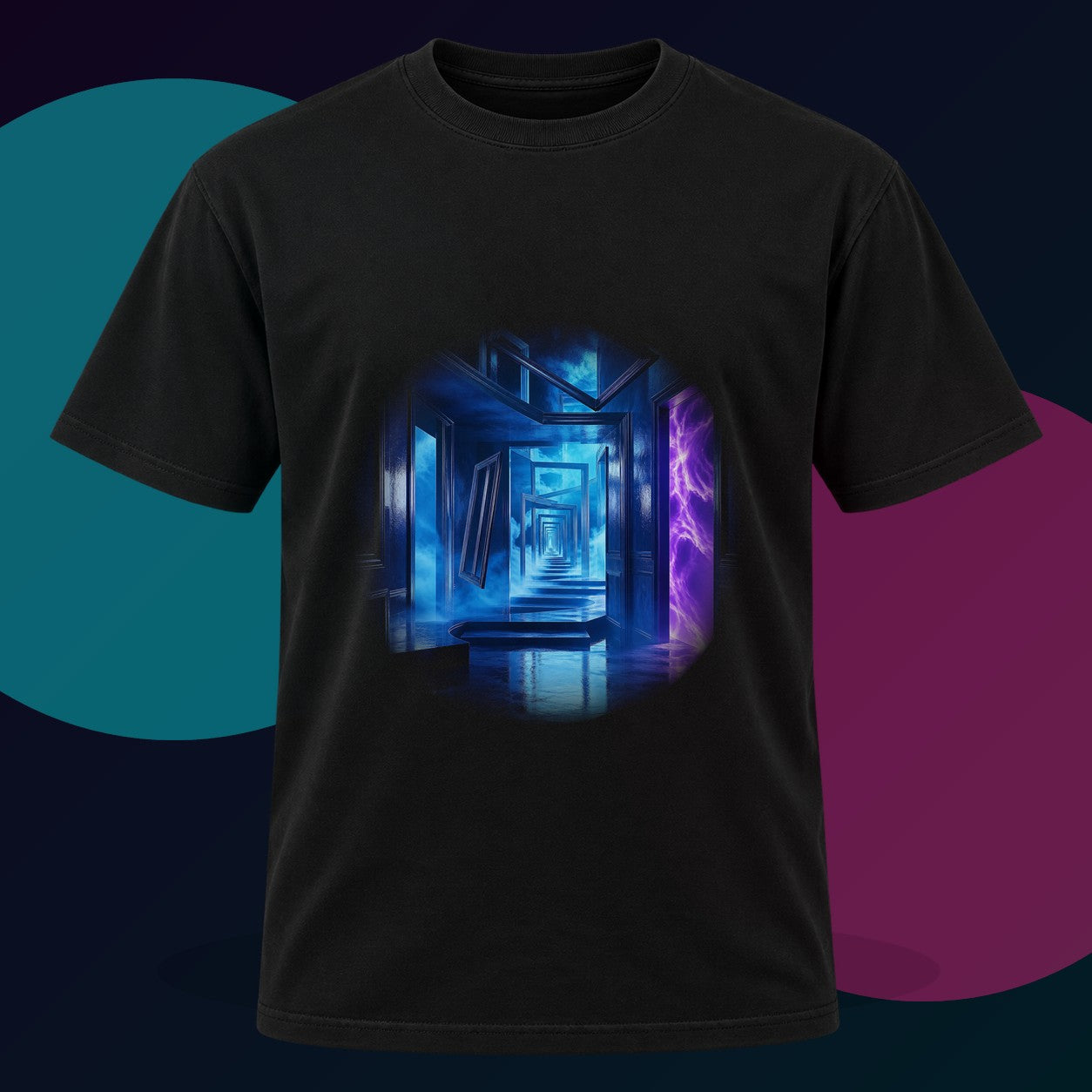 The Last Blue Corridor original KOSVYRE design on a black graphic tee with cyan and violet studio lighting