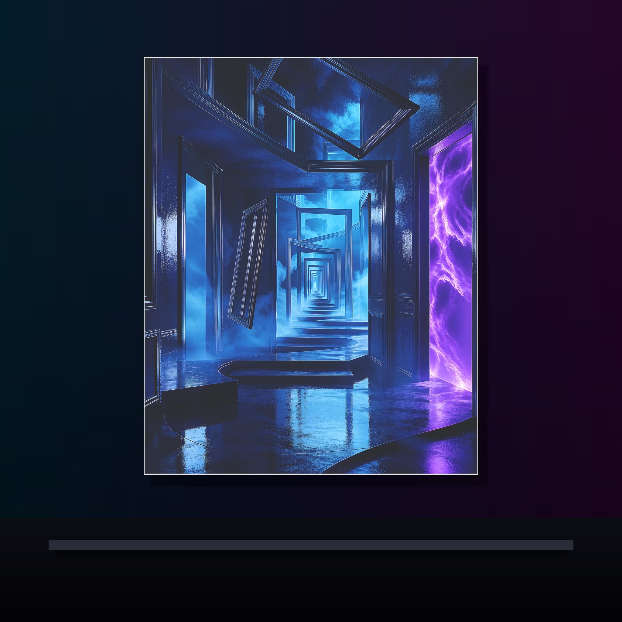 The Last Blue Corridor original KOSVYRE poster displayed in a dark psychedelic gallery setting