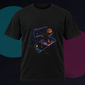 The Room That Folds original KOSVYRE design on a black graphic tee against a graphite studio background