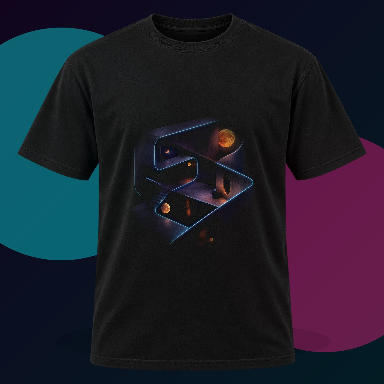 The Room That Folds original KOSVYRE design on a black graphic tee with cyan and violet studio lighting