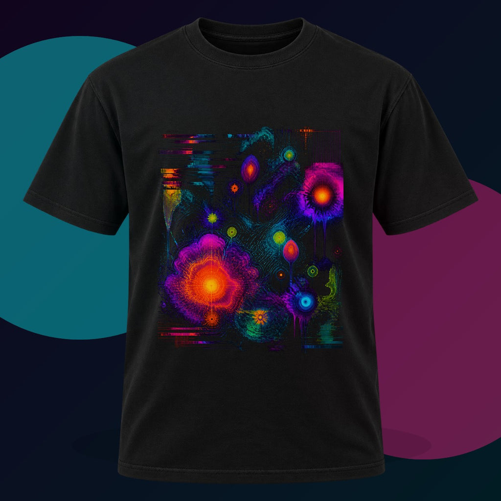 Thermal Bloom Archive original KOSVYRE design on a black graphic tee with cyan and violet studio lighting