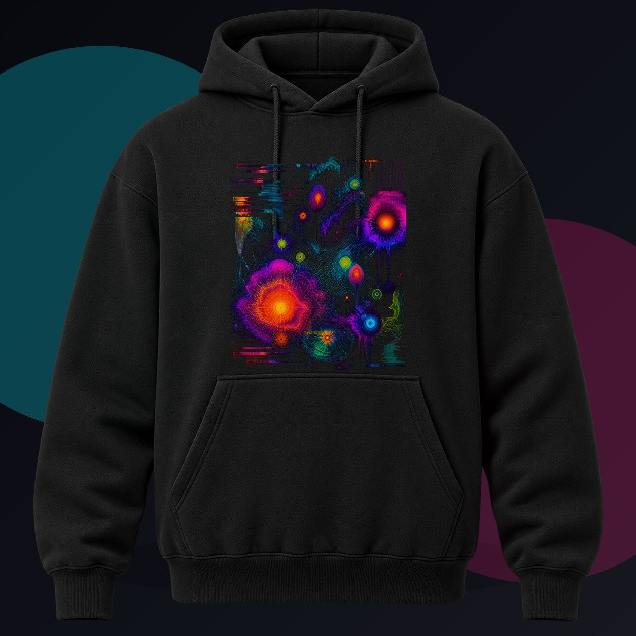 Thermal Bloom Archive original KOSVYRE design on a black hoodie against a graphite studio background