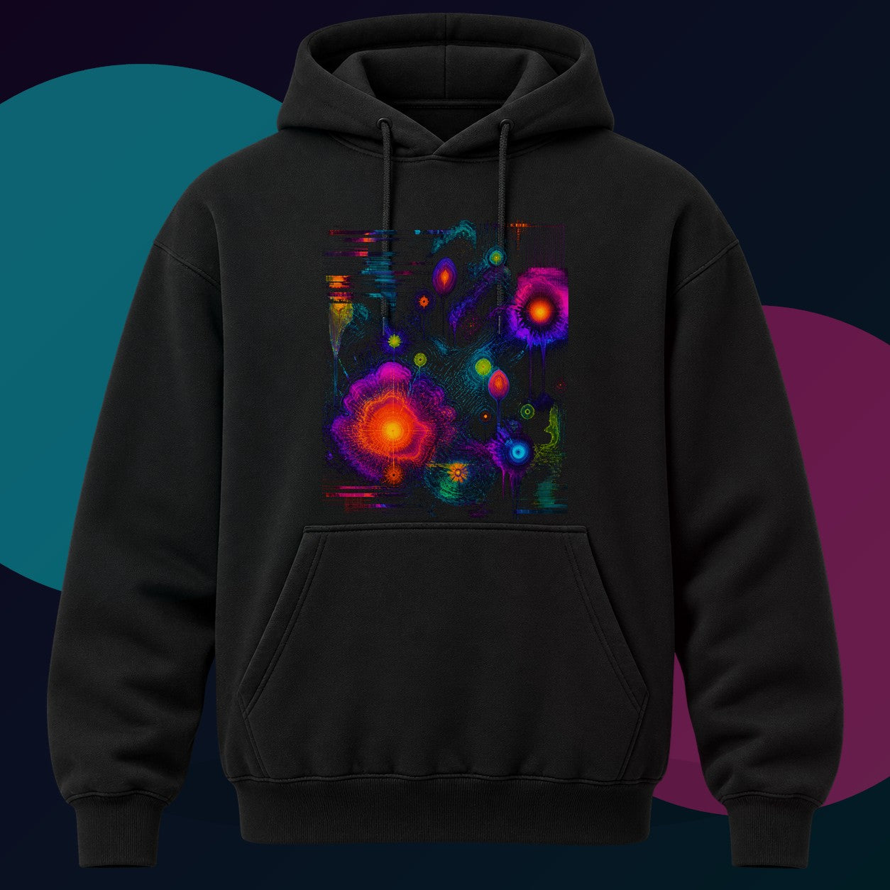 Thermal Bloom Archive original KOSVYRE design on a black hoodie with cyan and violet studio lighting