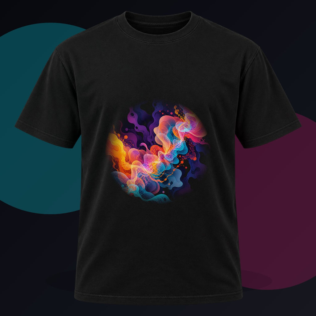 Thermal Bloom Relay original KOSVYRE design on a black graphic tee against a graphite studio background