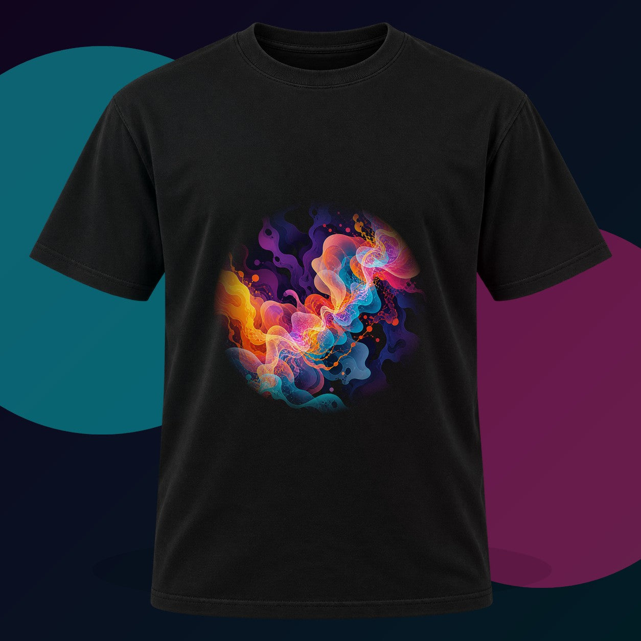 Thermal Bloom Relay original KOSVYRE design on a black graphic tee with cyan and violet studio lighting