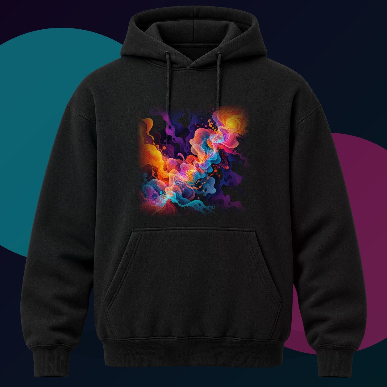 Thermal Bloom Relay original KOSVYRE design on a black hoodie with cyan and violet studio lighting