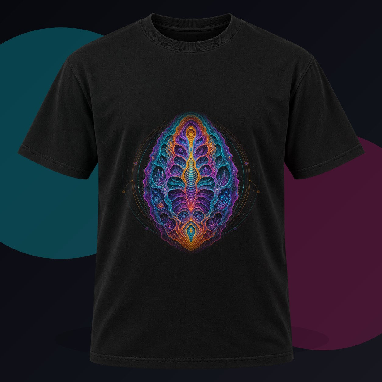 Thermochrome Fossil Atlas original KOSVYRE design on a black graphic tee against a graphite studio background