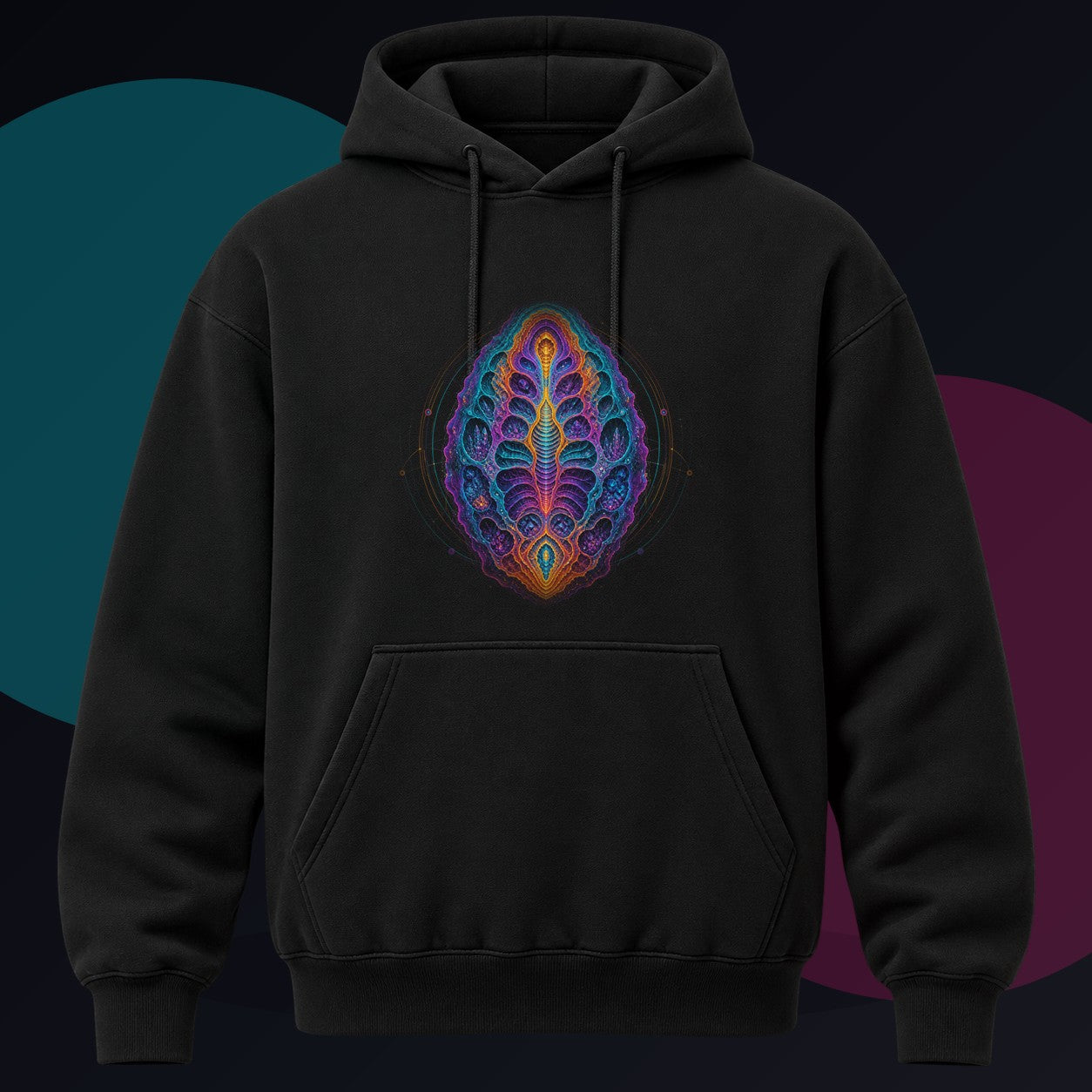 Thermochrome Fossil Atlas original KOSVYRE design on a black hoodie against a graphite studio background