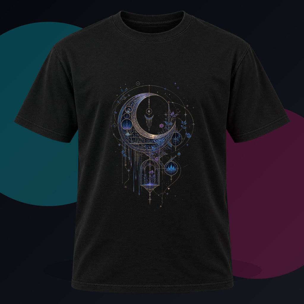 Threaded Moon Archive original KOSVYRE design on a black graphic tee against a graphite studio background