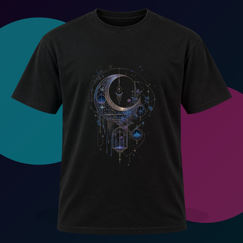 Threaded Moon Archive original KOSVYRE design on a black graphic tee with cyan and violet studio lighting