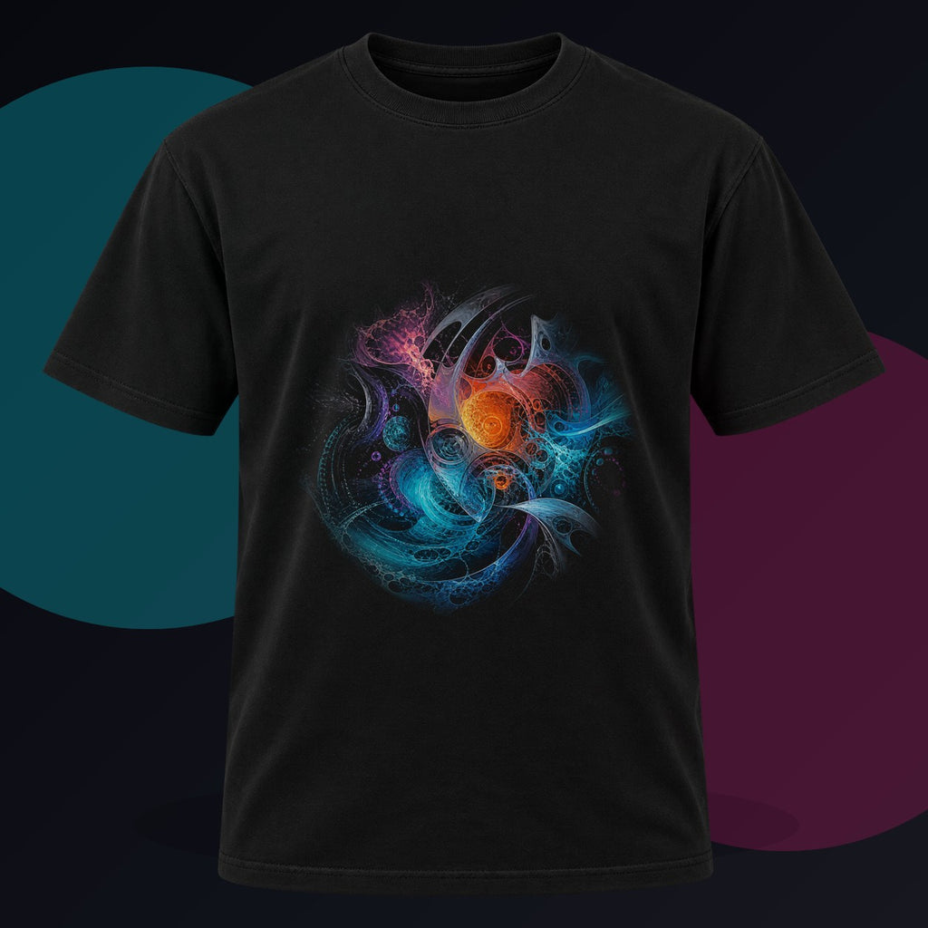 Tidal Glyph Engine original KOSVYRE design on a black graphic tee against a graphite studio background